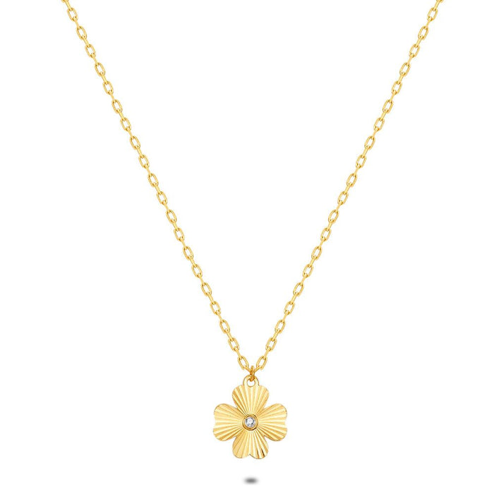 18Ct Gold Plated Silver Necklace, Chiseled Clover, 1 Zirconia