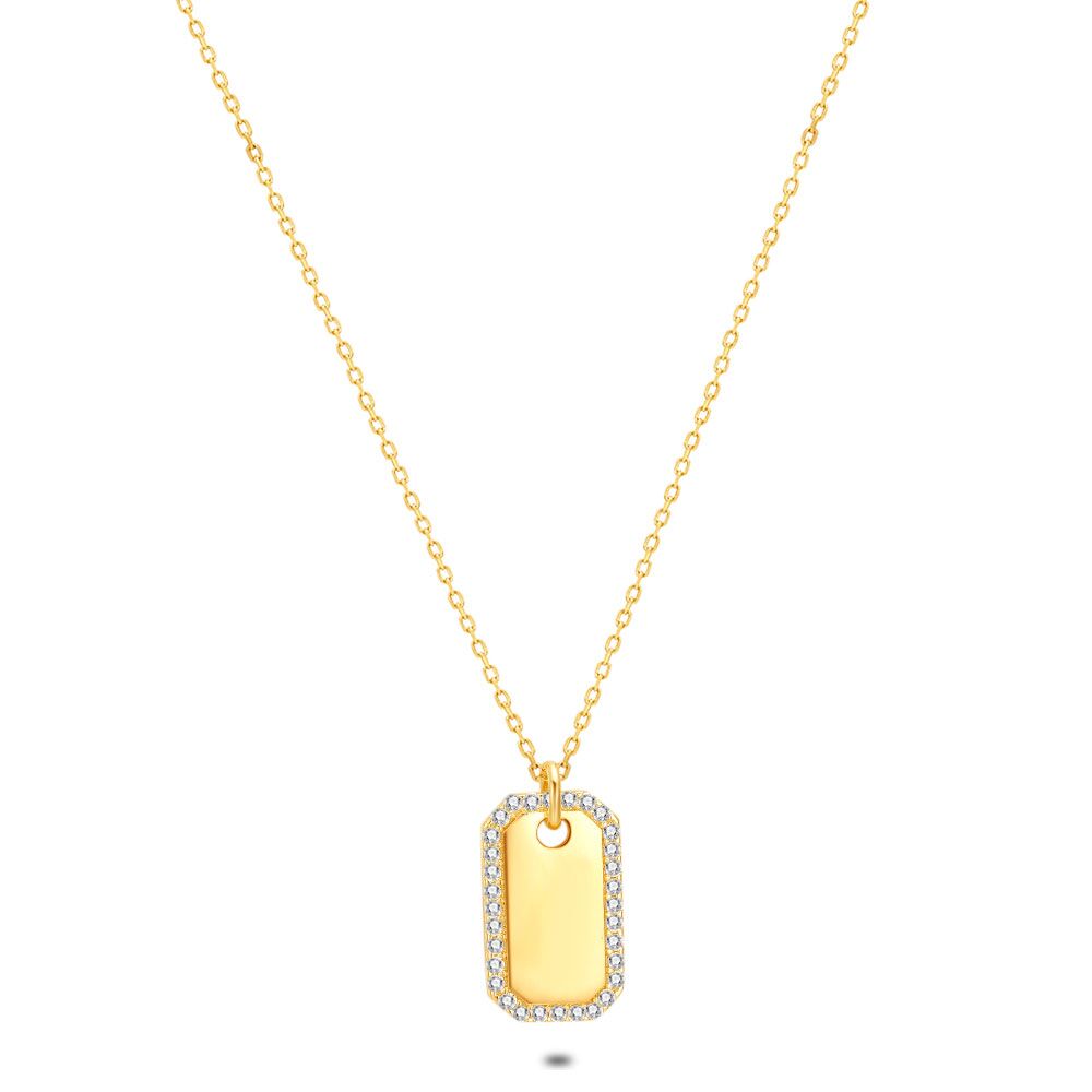 18Ct Gold Plated Silver Necklace, Rectangular Pendant, Zirconia