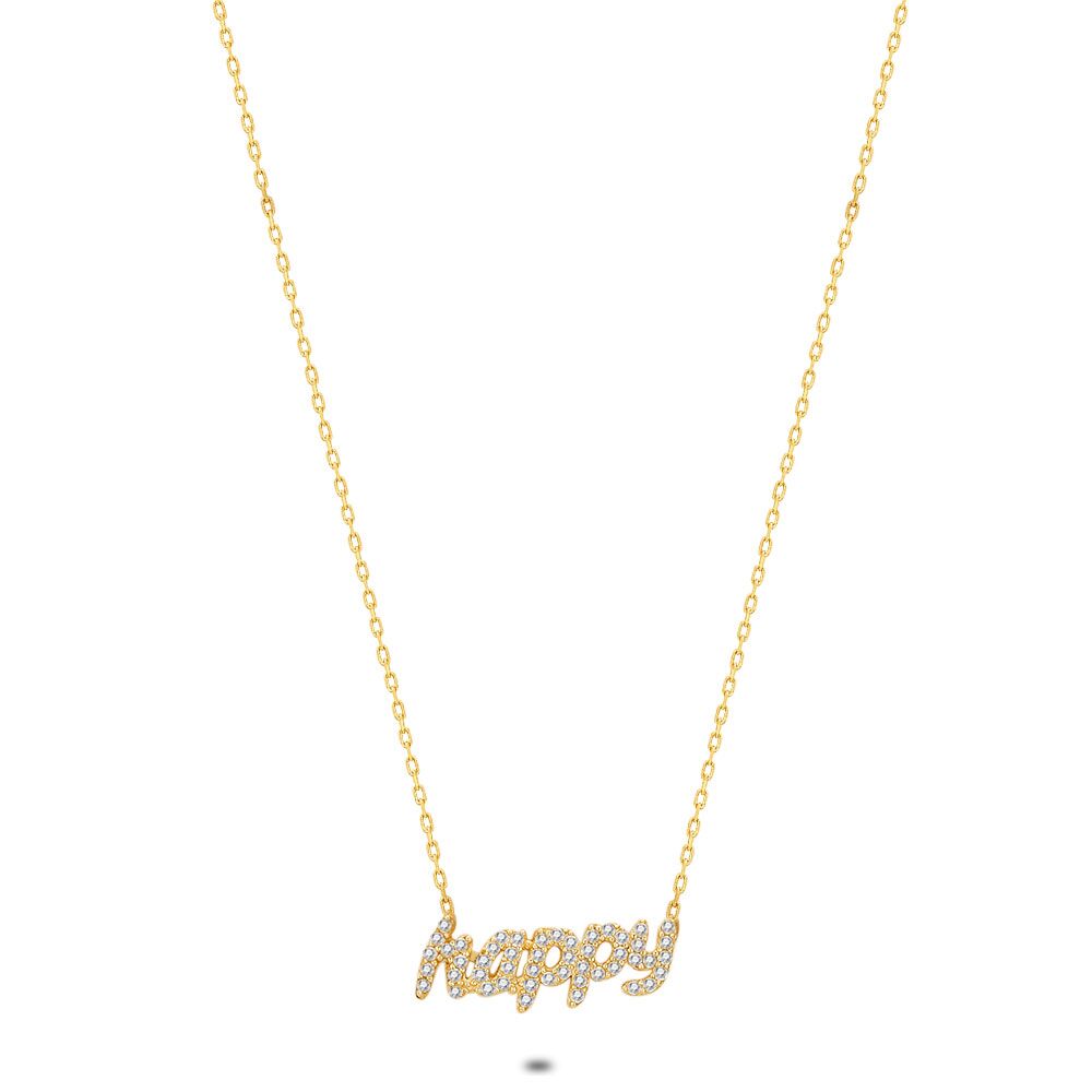 18Ct Gold Plated Silver Necklace, Happy, Zirconia