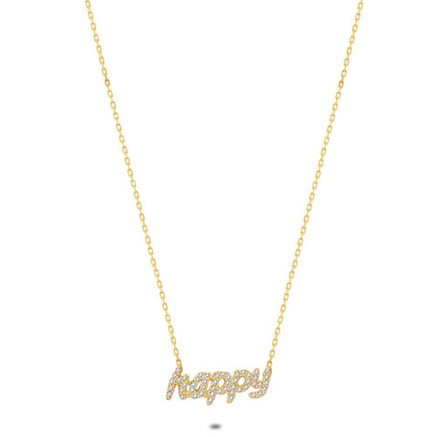 18Ct Gold Plated Silver Necklace, Happy, Zirconia