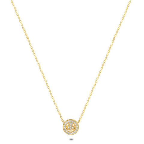 18Ct Gold Plated Silver Necklace, Smiley, White Zirconia