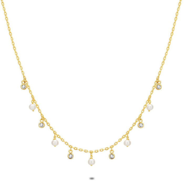 18Ct Gold Plated Silver Necklace, Pearls And Zirconia