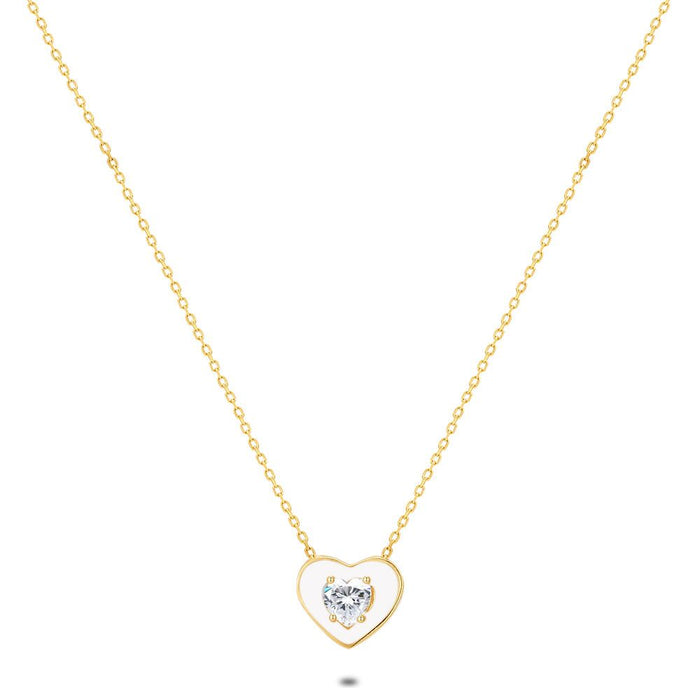 18Ct Gold Plated Silver Necklace, White Enamel Heart, 1 Zirconia