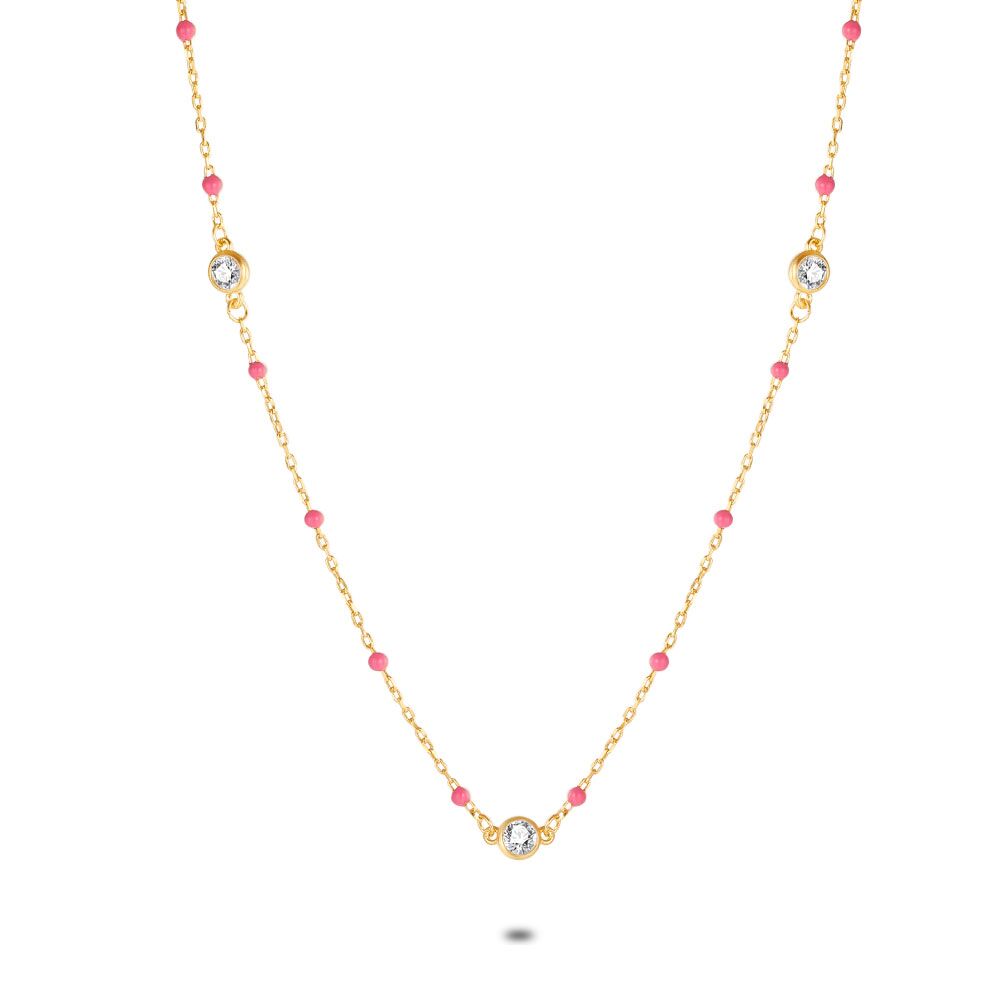 18Ct Gold Plated Silver Necklace, Fushsia Enamel Dots, 5 Zirconia