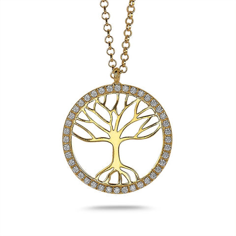 18Ct Gold Plated Silver Necklace, Tree Of Life In Zirconia