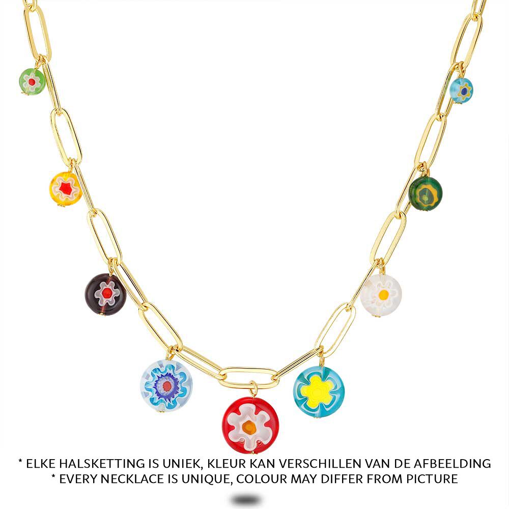 High Fashion Necklace, Round Flowers, Multicoloured Resin, Oval Links