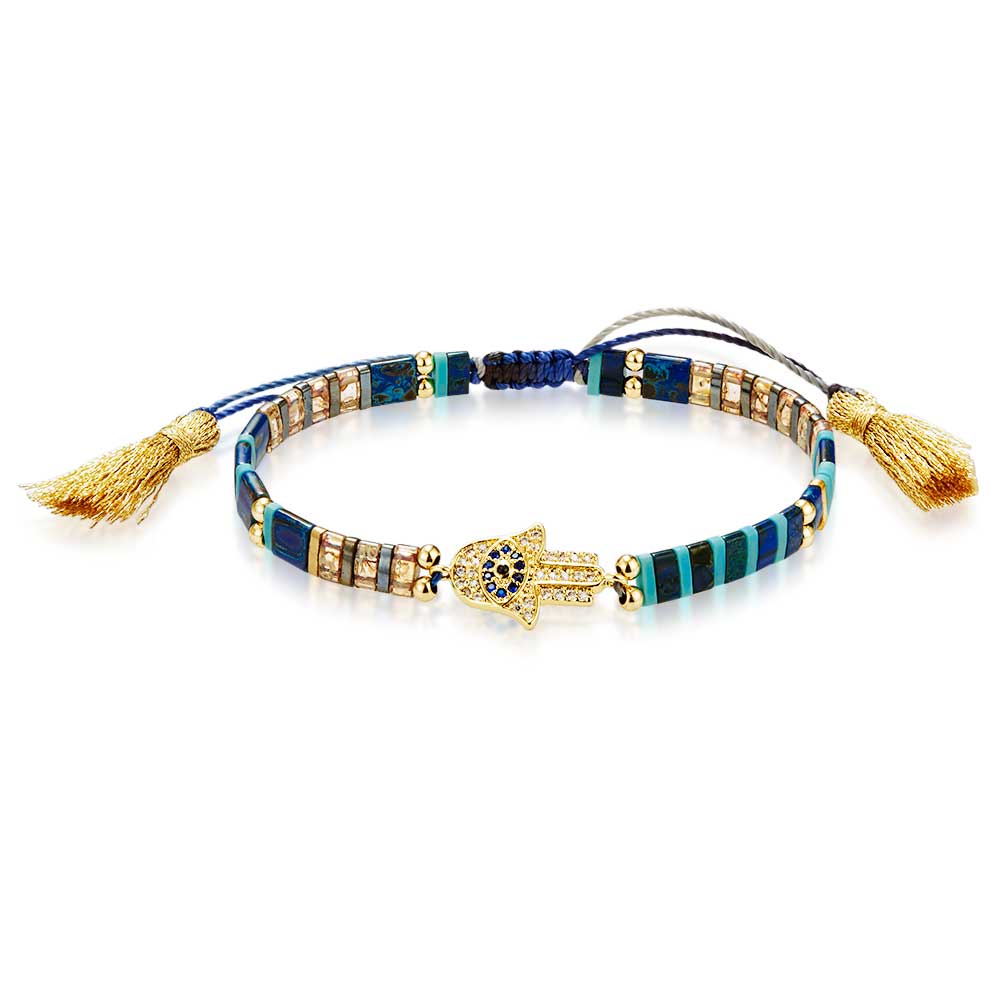Gold Coloured Stainless Steel Bracelet, Blue Tilla Beads, Fatima Hand