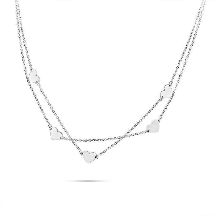 Stainless Steel Necklace, Double Chain With 5 Hearts