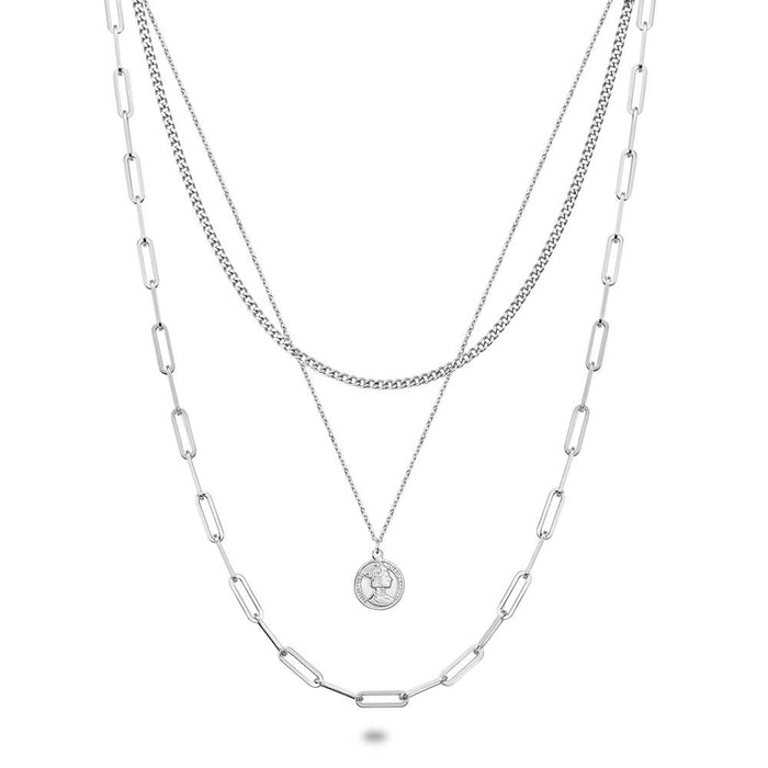 Stainless Steel Necklace, Coin On 3 Different Chains