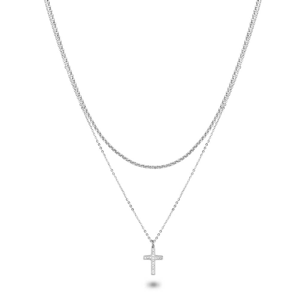 Stainless Steel Necklace, Cross On 2 Different Chains