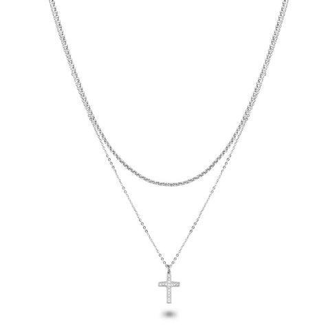 Stainless Steel Necklace, Cross On 2 Different Chains