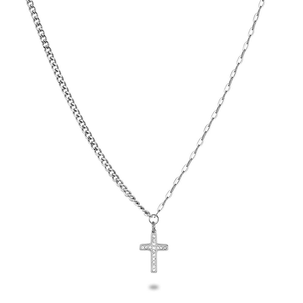 Stainless Steel Necklace, Cross With White Crystals