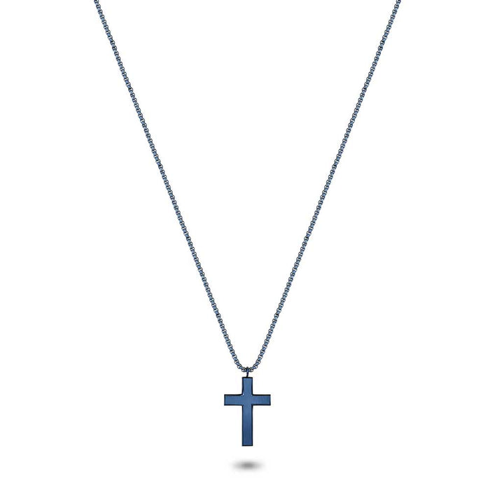 Stainless Steel Necklace, Black, Blue Cross