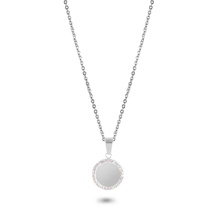 Stainless Steel Necklace, Round, White Crystals