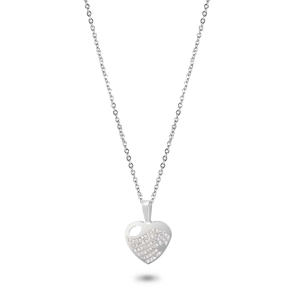 Stainless Steel Necklace, Heart, White Crystals
