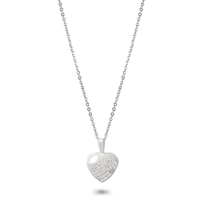 Stainless Steel Necklace, Heart, White Crystals