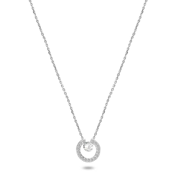 Silver Necklace, Circle With Zirconia And Crystal
