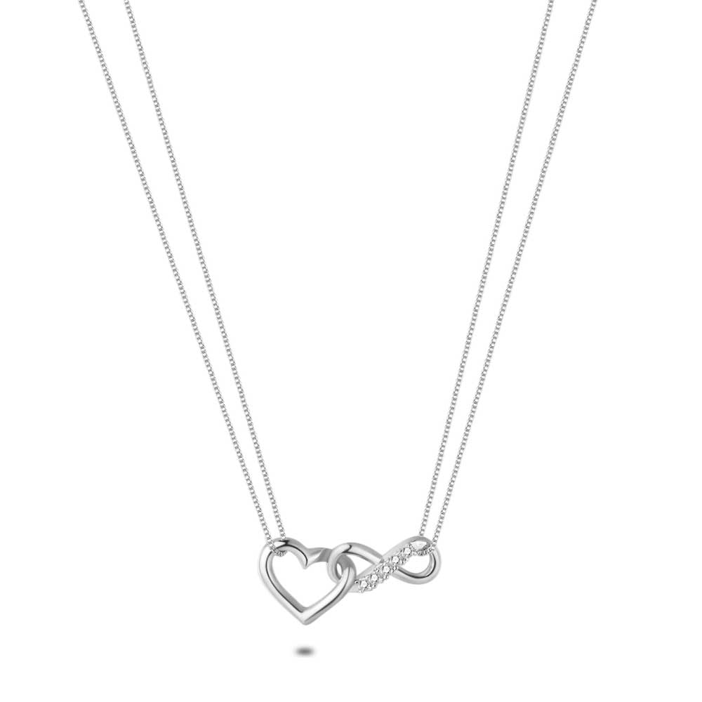 Silver Necklace, Open Heart And Infinity, Zirconia