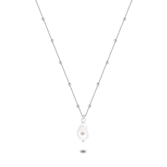 Silver Necklace, Ball Chain, Baroque Pearl