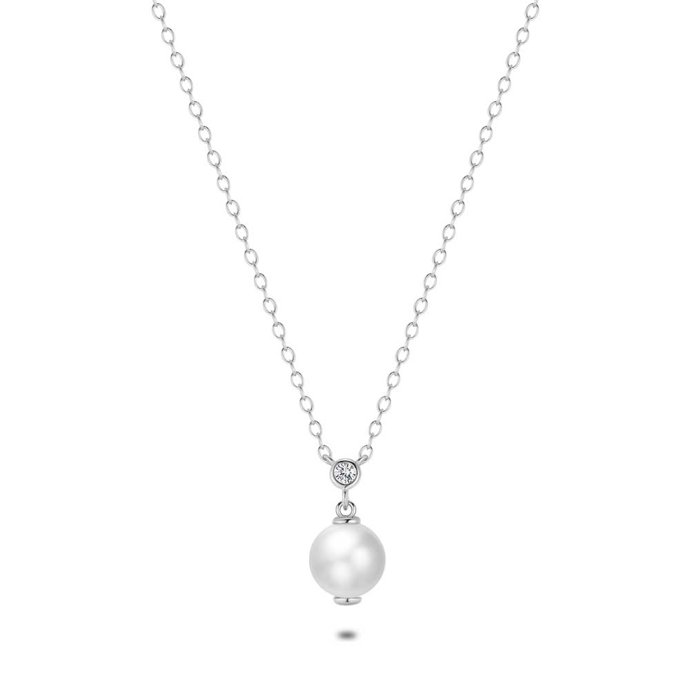 Silver Necklace, Freshwater Pearl, Small Zirconia