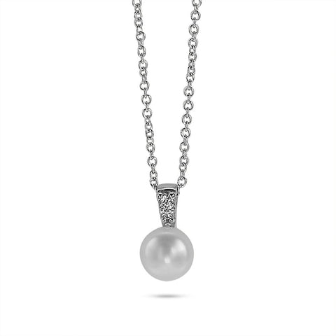Silver Necklace, Freshwater Pearl, Small Zirconia Stones