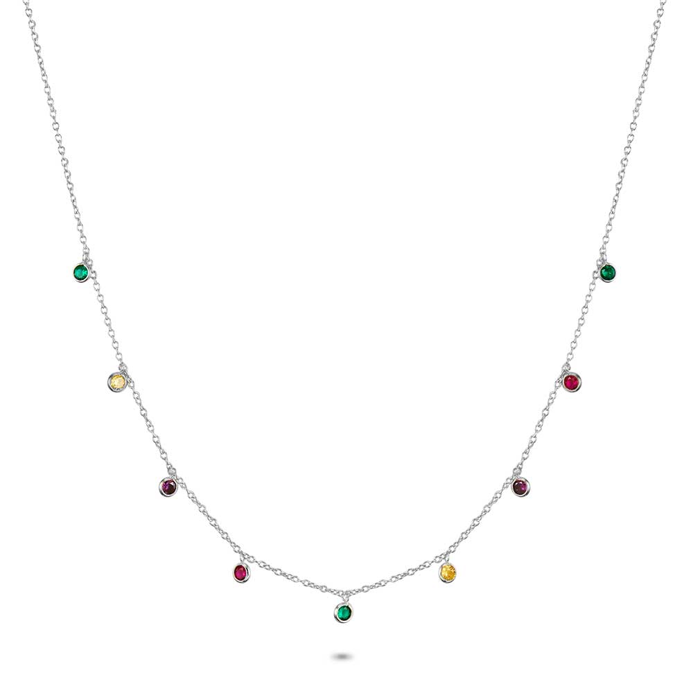 Silver Necklace, 9 Hanging Multicoloured Zirconia, Round