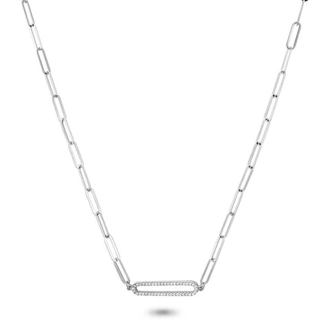 Silver Necklace, Oval With Zirconia And Oval Links