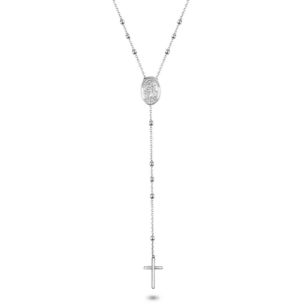 Silver Necklace, Oval With Saint, Cross