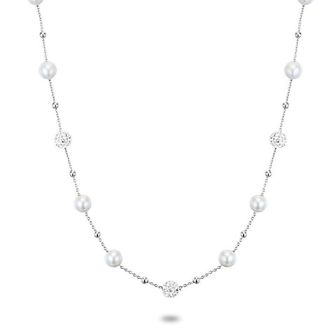 Silver Necklace, Pearls And Small Rounds With White Crystals, 6Mm