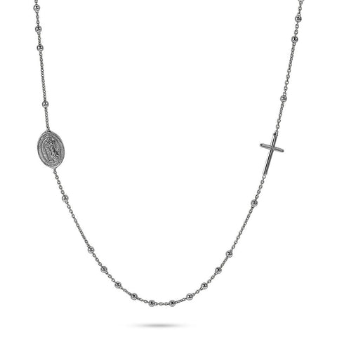 Silver Necklace, Ball Chain With Cross And Oval Coin