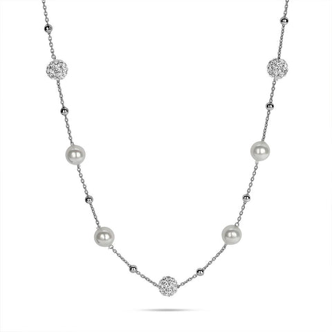 Silver Necklace, Balls Inlaid With White Crystals, Pearls