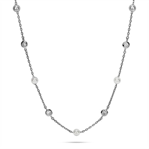 Silver Necklace, Pearls And Zirconia