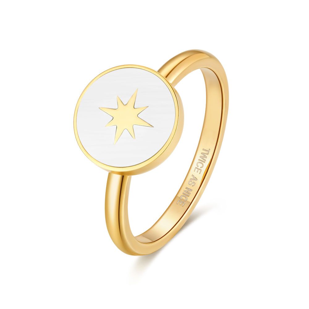 Gold-Coloured Stainless Steel Ring, Round With Star, White Enamel