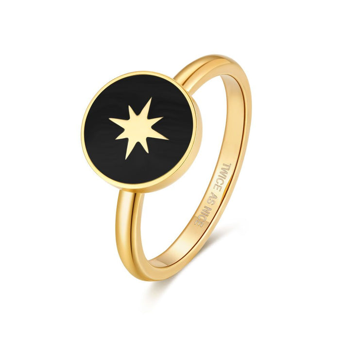 Gold-Coloured Stainless Steel Ring, Round With Star, Black Enamel