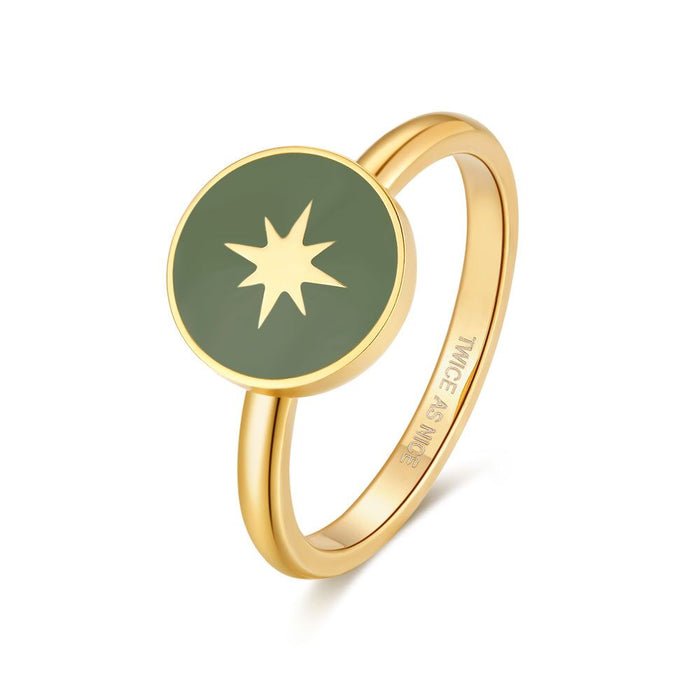 Gold-Coloured Stainless Steel Ring, Round With Star, Green Enamel