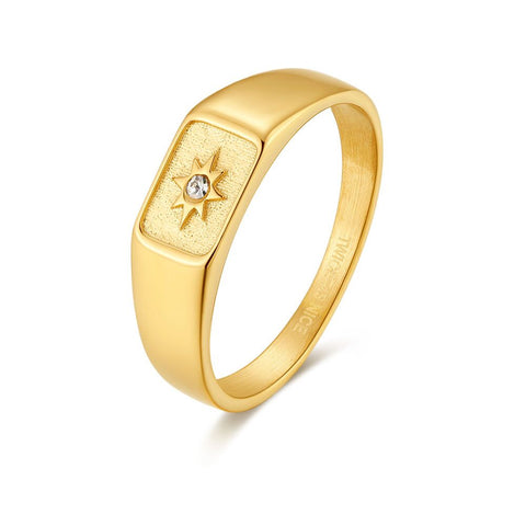 Gold-Coloured Stainless Steel Ring, Rectangle With Star, 1 Crystal