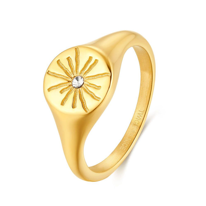 Gold-Coloured Stainless Steel Ring, Signet Ring, Star, 1 Crystal
