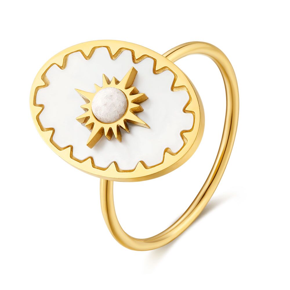 Gold-Coloured Stainless Steel Ring, White Oval With Star