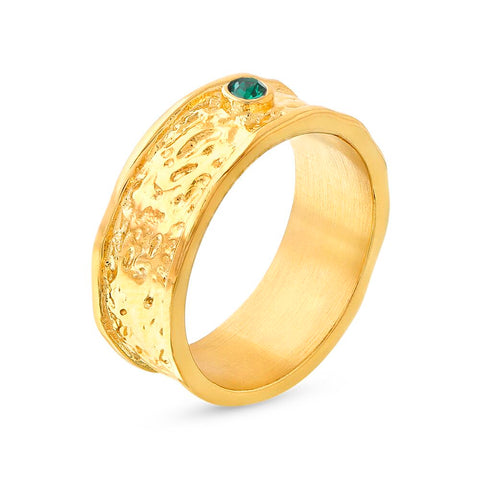 Gold-Coloured Stainless Steel Ring, 8Mm, Green Crystal