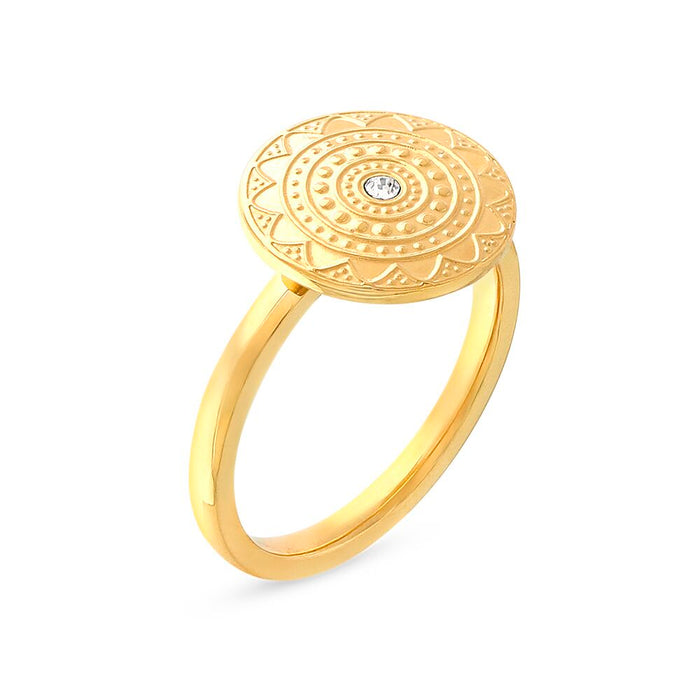 Gold-Coloured Stainless Steel Ring, Sun Inspired Motif And White Crystal