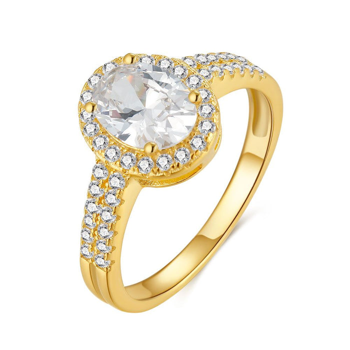 18Ct Gold Plated Silver Ring, Oval Zirconia, 2 Rows Of Zirconia