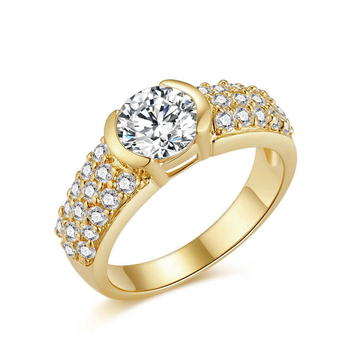 18Ct Gold Plated Silver Ring, 7 Mm Zirconia, 3 Rows Of Small Zirconia