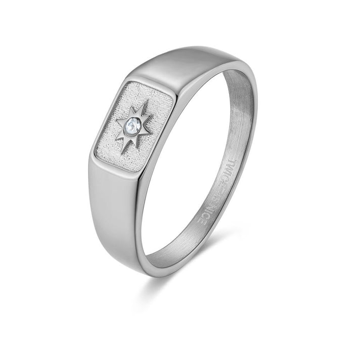 Stainless Steel Ring, Rectangle With Star, 1 Crystal
