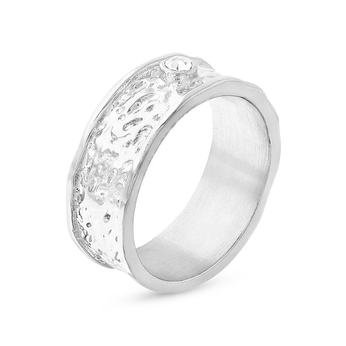 Silver Stainless Steel Ring, 8Mm, Hammered Effect And White Crystal