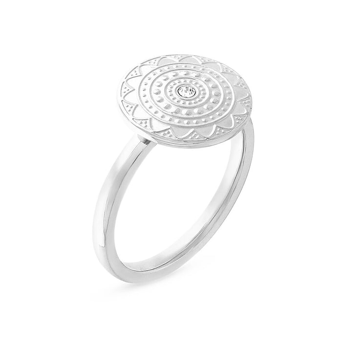 Silver Stainless Steel Ring, Sun Inspired Motif And White Crystal