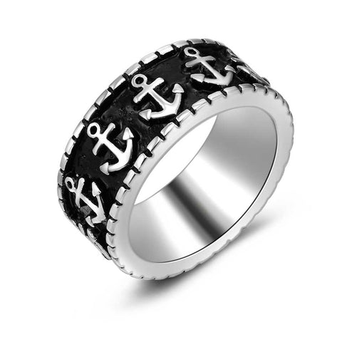 Stainless Steel Ring, Anchors, Black
