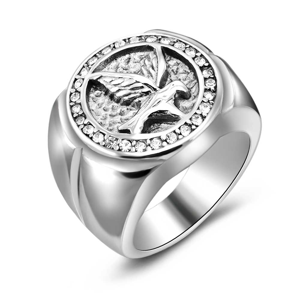 Stainless Steel Ring, Bird, Grey Crystals