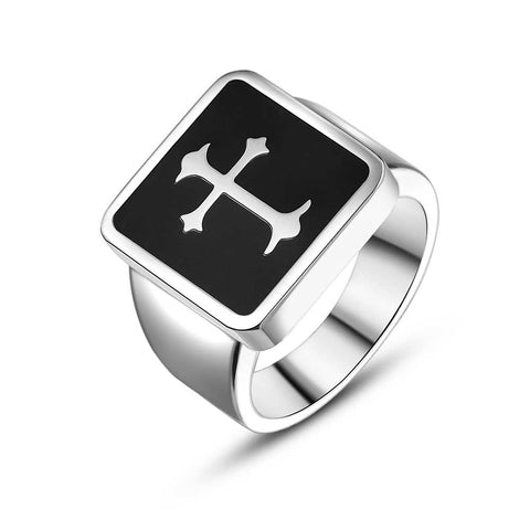 Stainless Steel Ring, Black Square, Cross