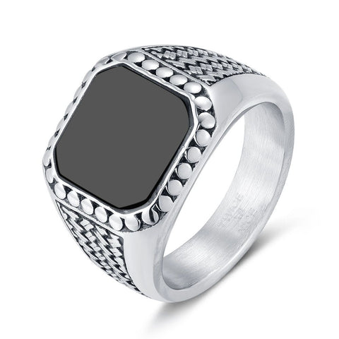 Stainless Steel Ring, Black Square Agaat, Steel/Black