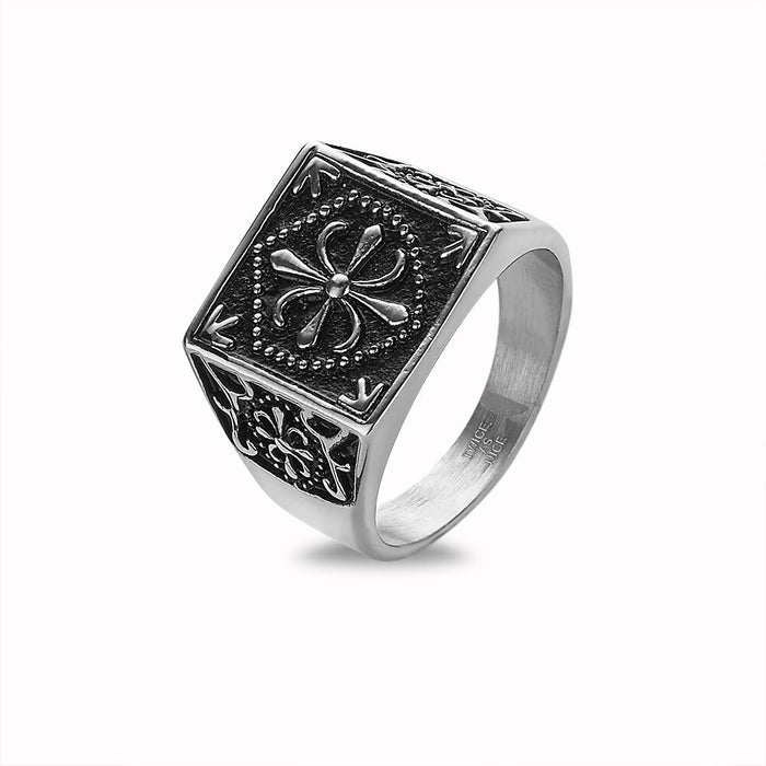 Stainless Steel Ring, Square With Drawing, Black